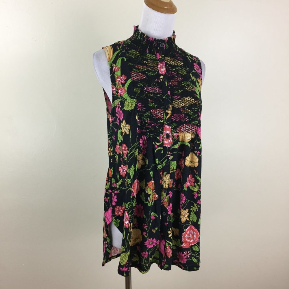 AKEMI+KIN Anthropologie Black Multi-Color Floral Print Mock Neck Button Top